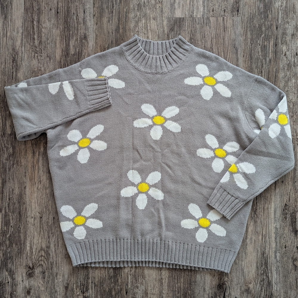 Streetwear Society - Sweater Knit Long Sleeve Mock Neck Daisy Flower Pattern